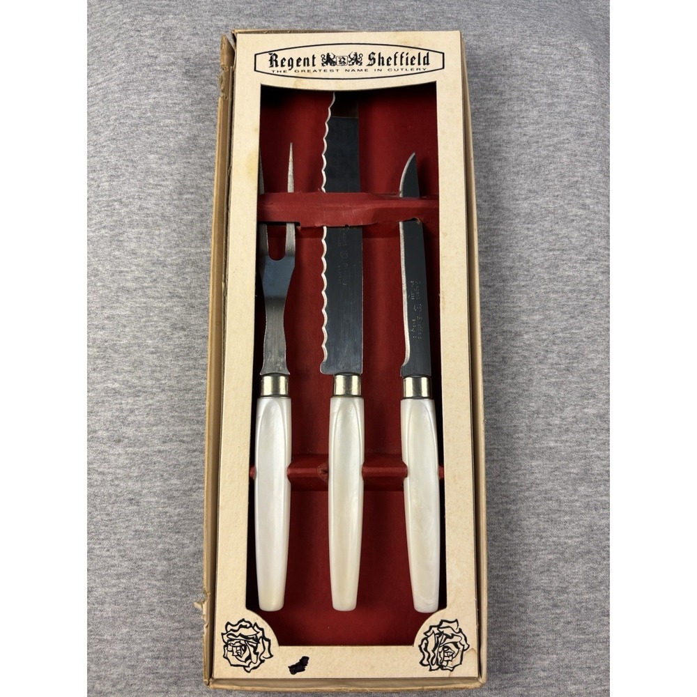Vtg Regent Sheffield 3 Pc Party N Snack Host Serving Pearlex Handles Carving Set